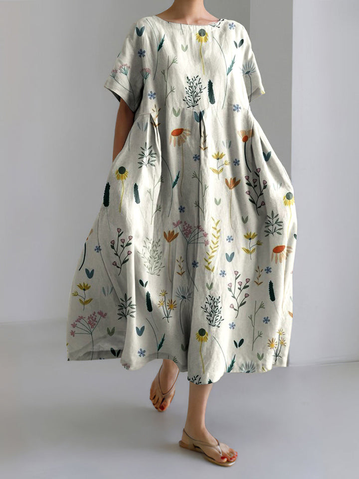 Vespera | Vintage Floral Linen Blend Loose Casual Midi Dress