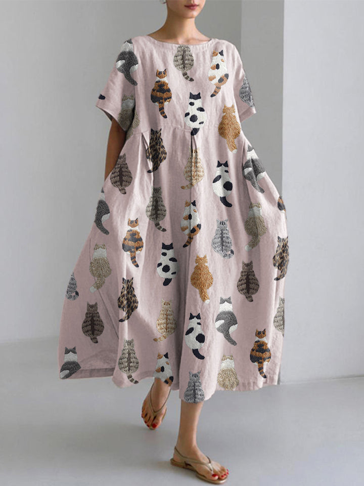 Celeste | Cute Cats Embroidery Pattern Linen Blend Dress