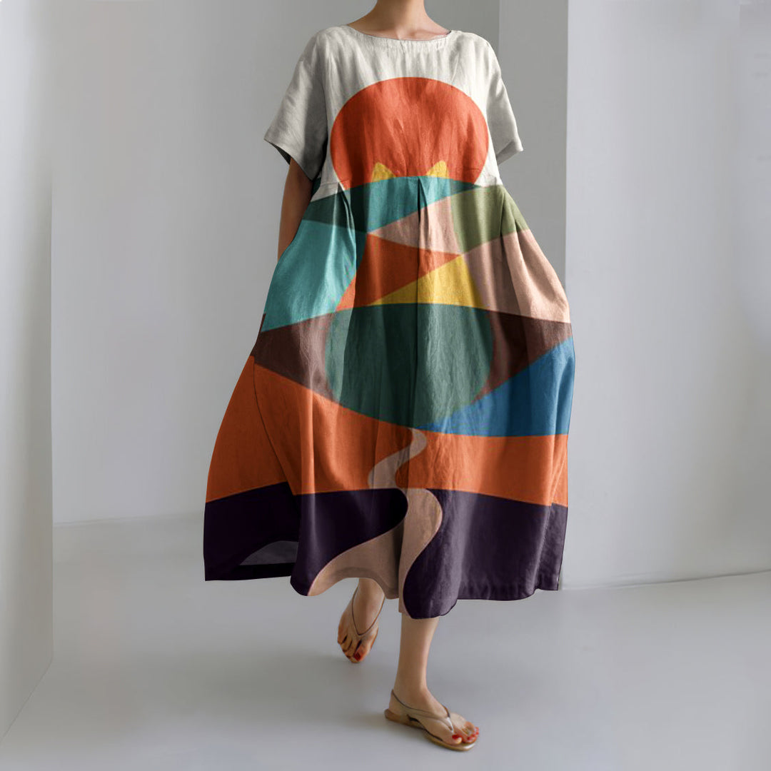 Adrielle | Abstract Creative Colorful Cute Cat Painting Art Linen Blend Dress