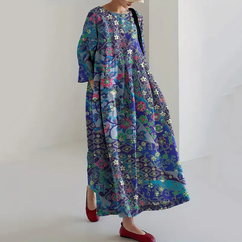 Viola | Vintage Japanese Art Flower Print Loose Midi Dress